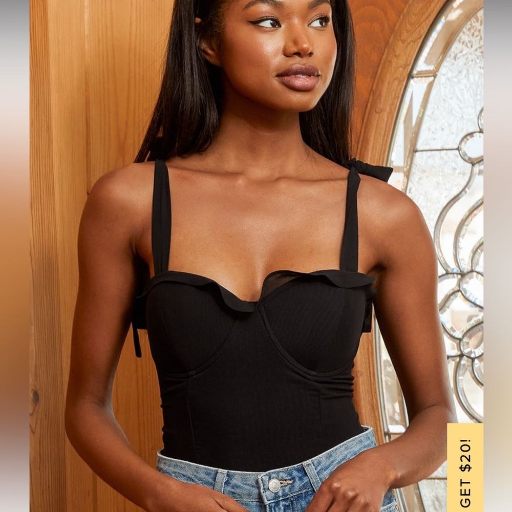 NWT Flirty Appeal Black Mesh Tie-Strap Bustier Bodysuit